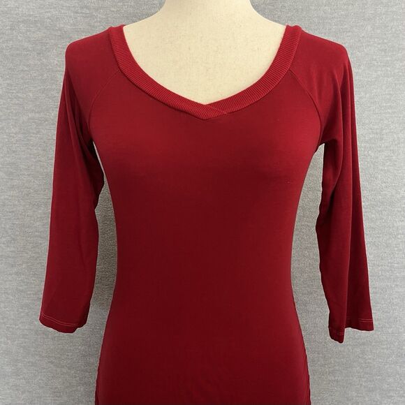 Michael Stars Ruched Bodycon Dress Size S 3/4 Sleeve VNeck Mini Stretch Deep Red - Picture 5 of 12